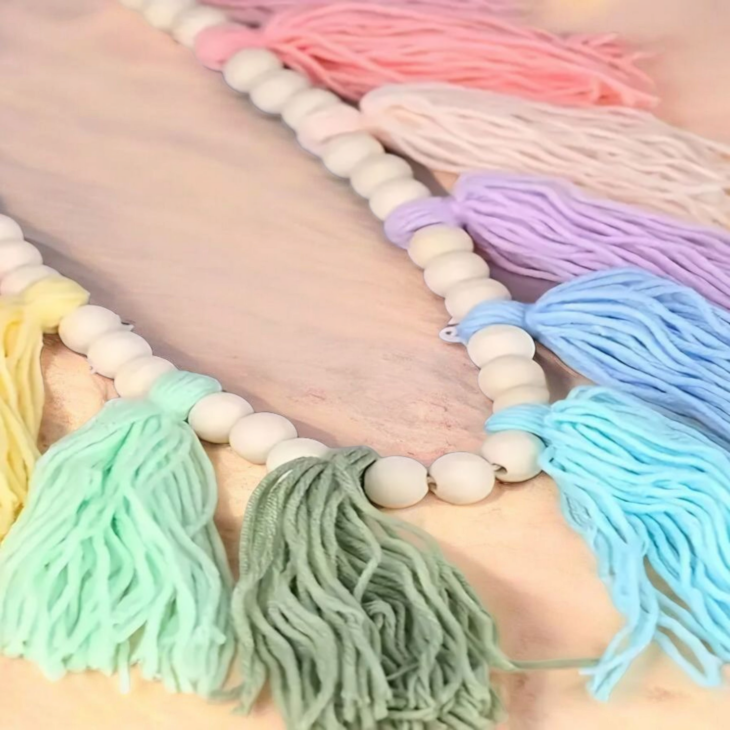Boho Tassel Garland with Wooden Beads – Colorful Wall Hanging Decor