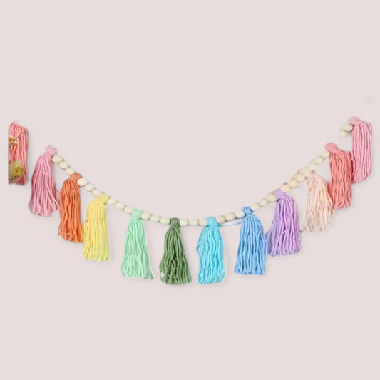 Boho Tassel Garland with Wooden Beads – Colorful Wall Hanging Decor