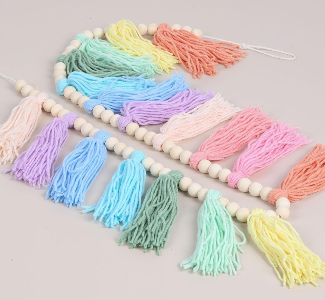 Boho Tassel Garland with Wooden Beads – Colorful Wall Hanging Decor
