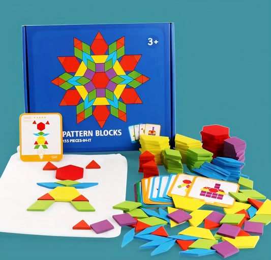 155-Piece Wooden Pattern Blocks Set – Montessori Geometric Puzzle with 24 Design Cards
