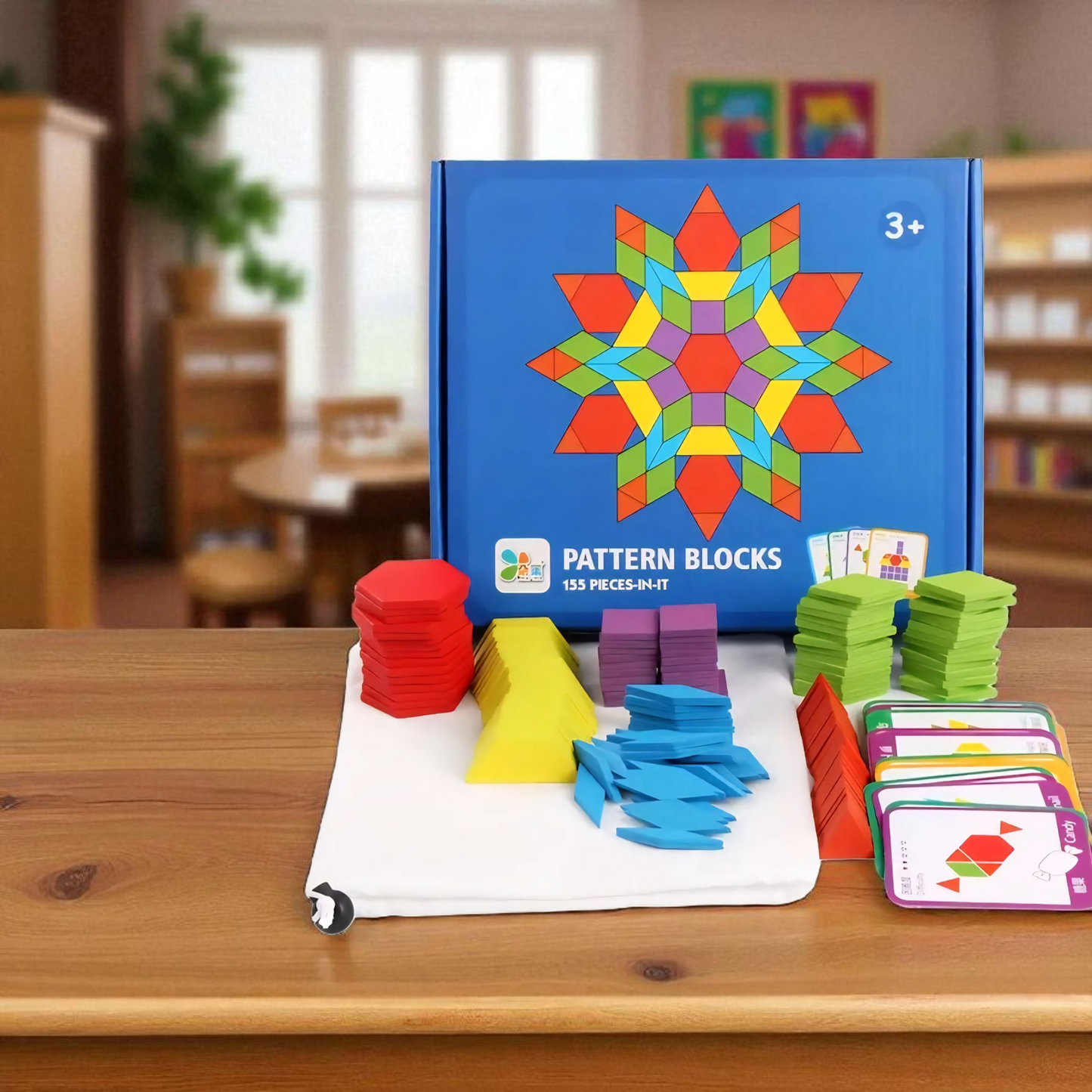 155-Piece Wooden Pattern Blocks Set – Montessori Geometric Puzzle with 24 Design Cards