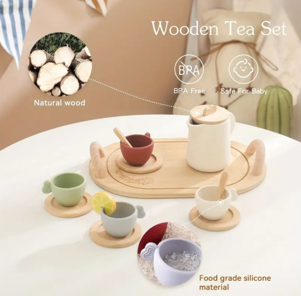 Top Seller! Enchanting Wooden Tea Party Set – Silicone Teapot, Cups & Accessories for Pretend Play