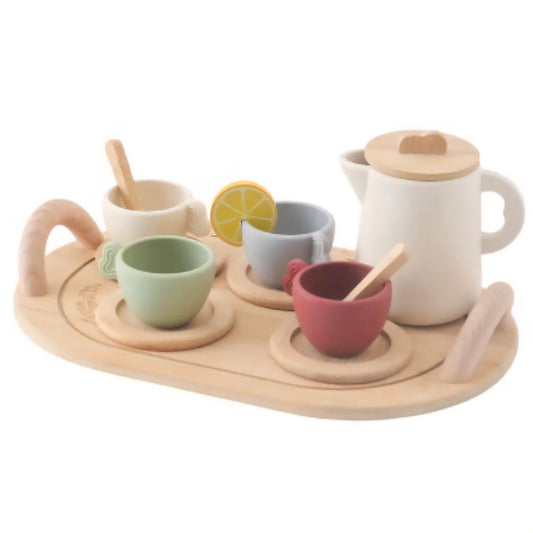 Top Seller! Enchanting Wooden Tea Party Set – Silicone Teapot, Cups & Accessories for Pretend Play