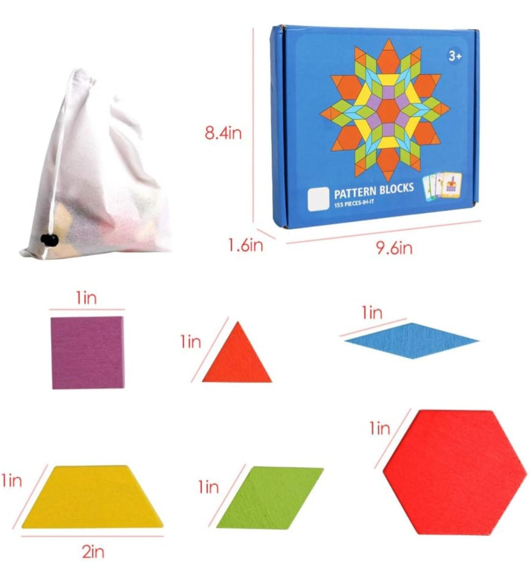 155-Piece Wooden Pattern Blocks Set – Montessori Geometric Puzzle with 24 Design Cards