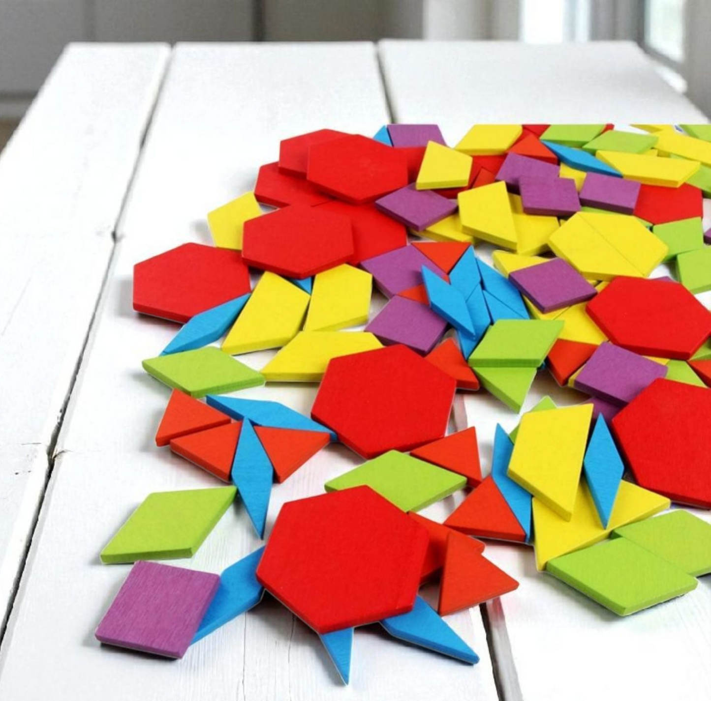 155-Piece Wooden Pattern Blocks Set – Montessori Geometric Puzzle with 24 Design Cards