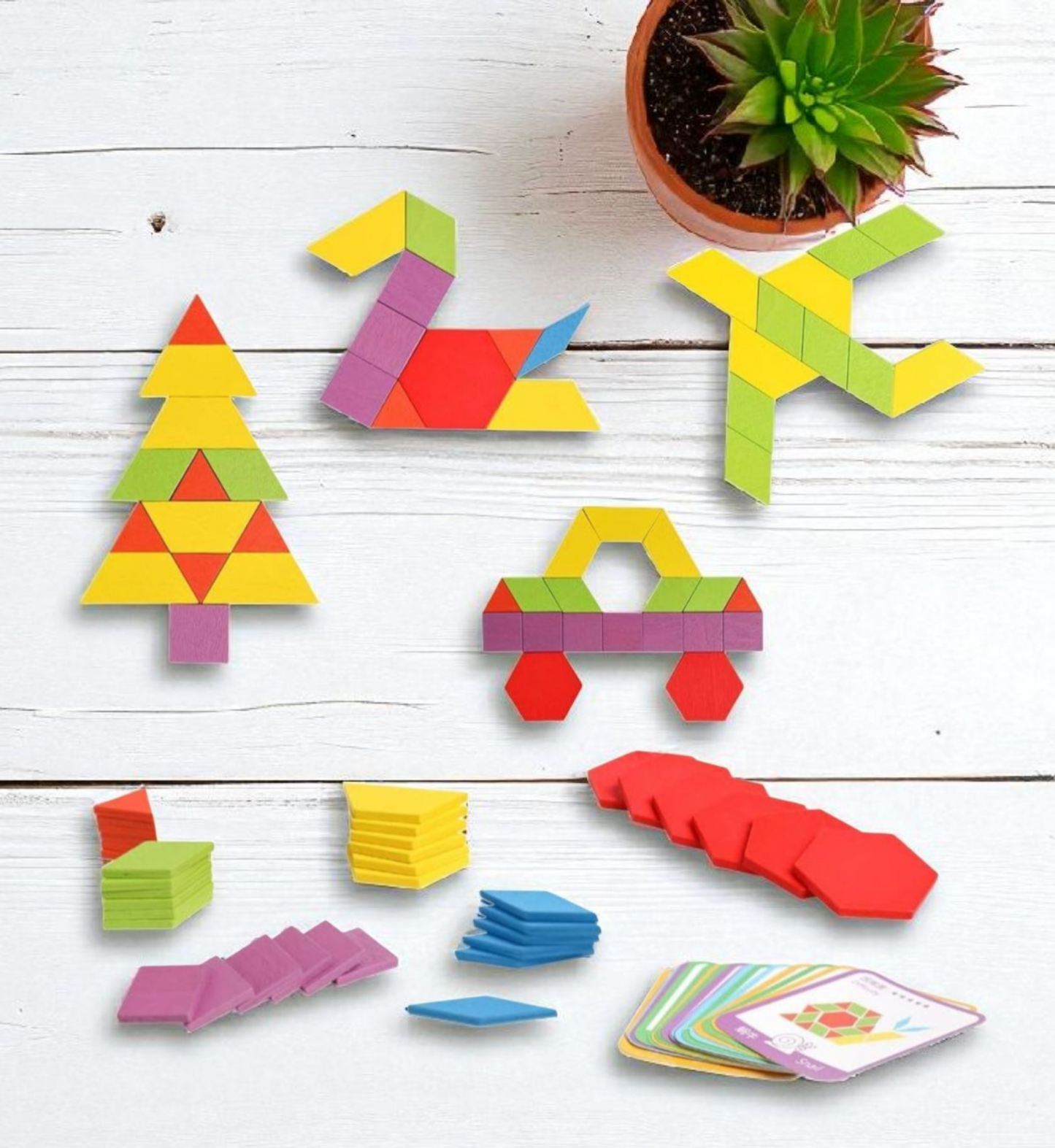 155-Piece Wooden Pattern Blocks Set – Montessori Geometric Puzzle with 24 Design Cards