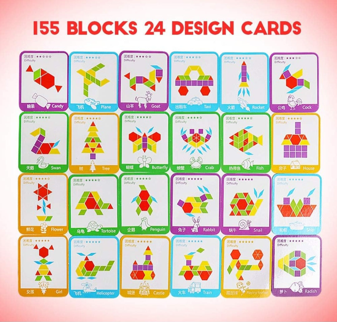 155-Piece Wooden Pattern Blocks Set – Montessori Geometric Puzzle with 24 Design Cards