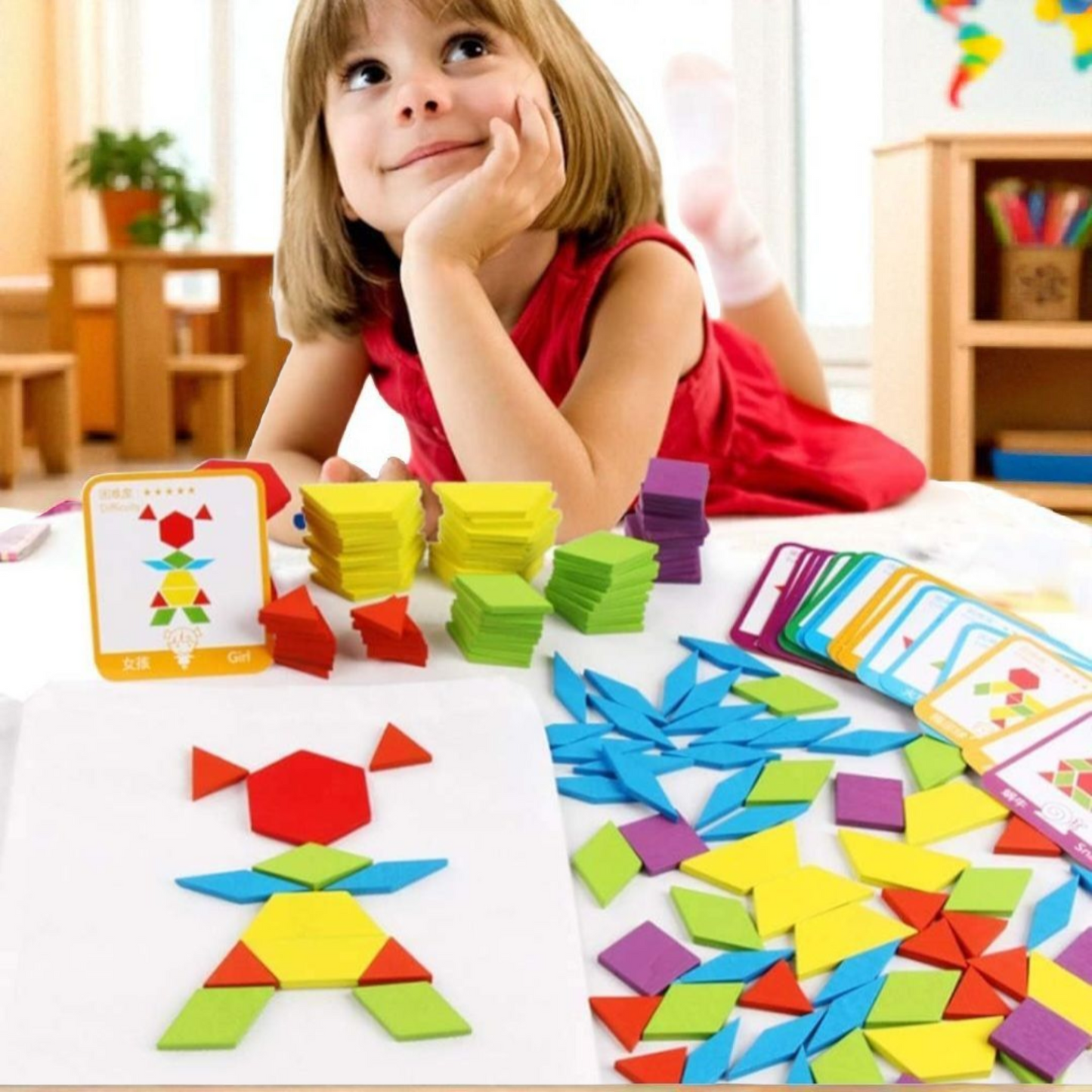155-Piece Wooden Pattern Blocks Set – Montessori Geometric Puzzle with 24 Design Cards