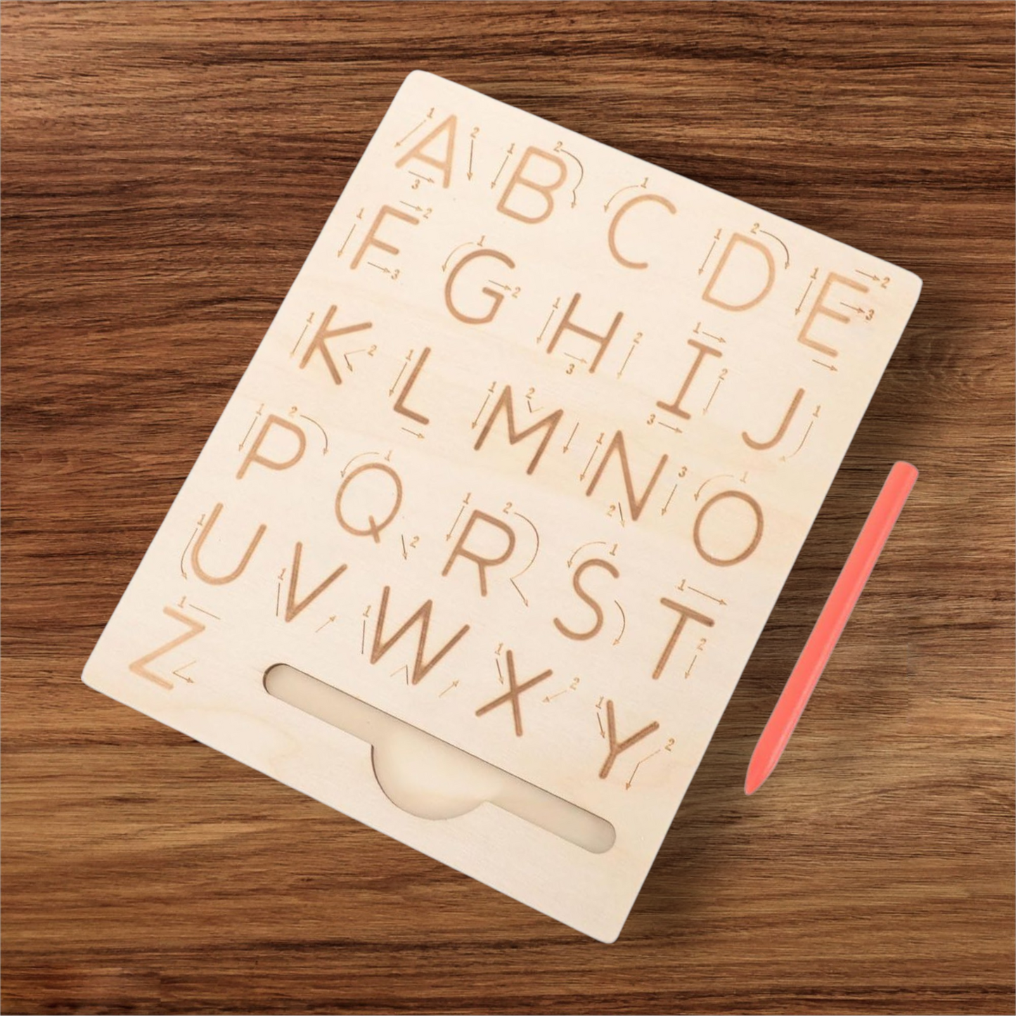 Wooden Tracing Board.- Double-Sided Montessori Handwriting Practice Upper/Lower Alphabet, Numbers, Shapes