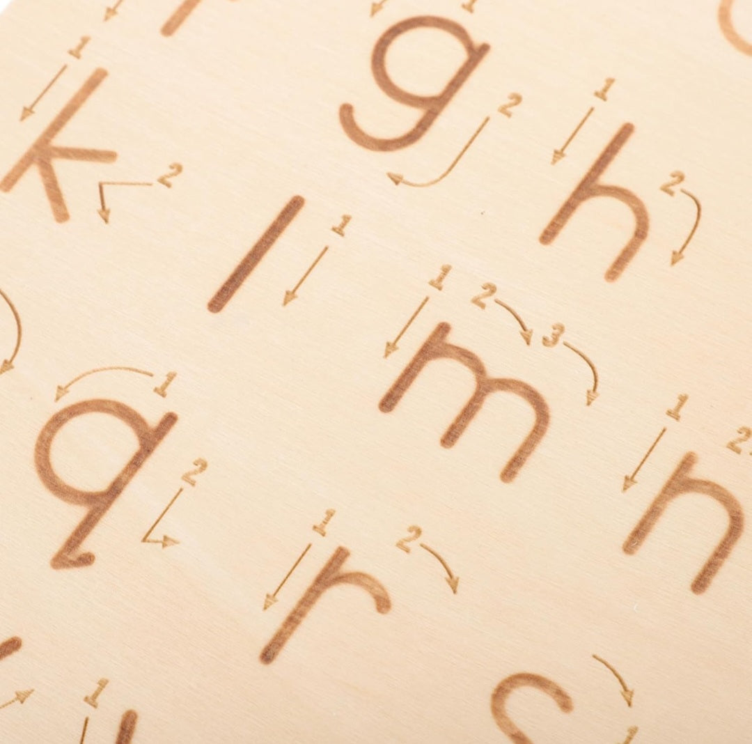 Wooden Tracing Board.- Double-Sided Montessori Handwriting Practice Upper/Lower Alphabet, Numbers, Shapes
