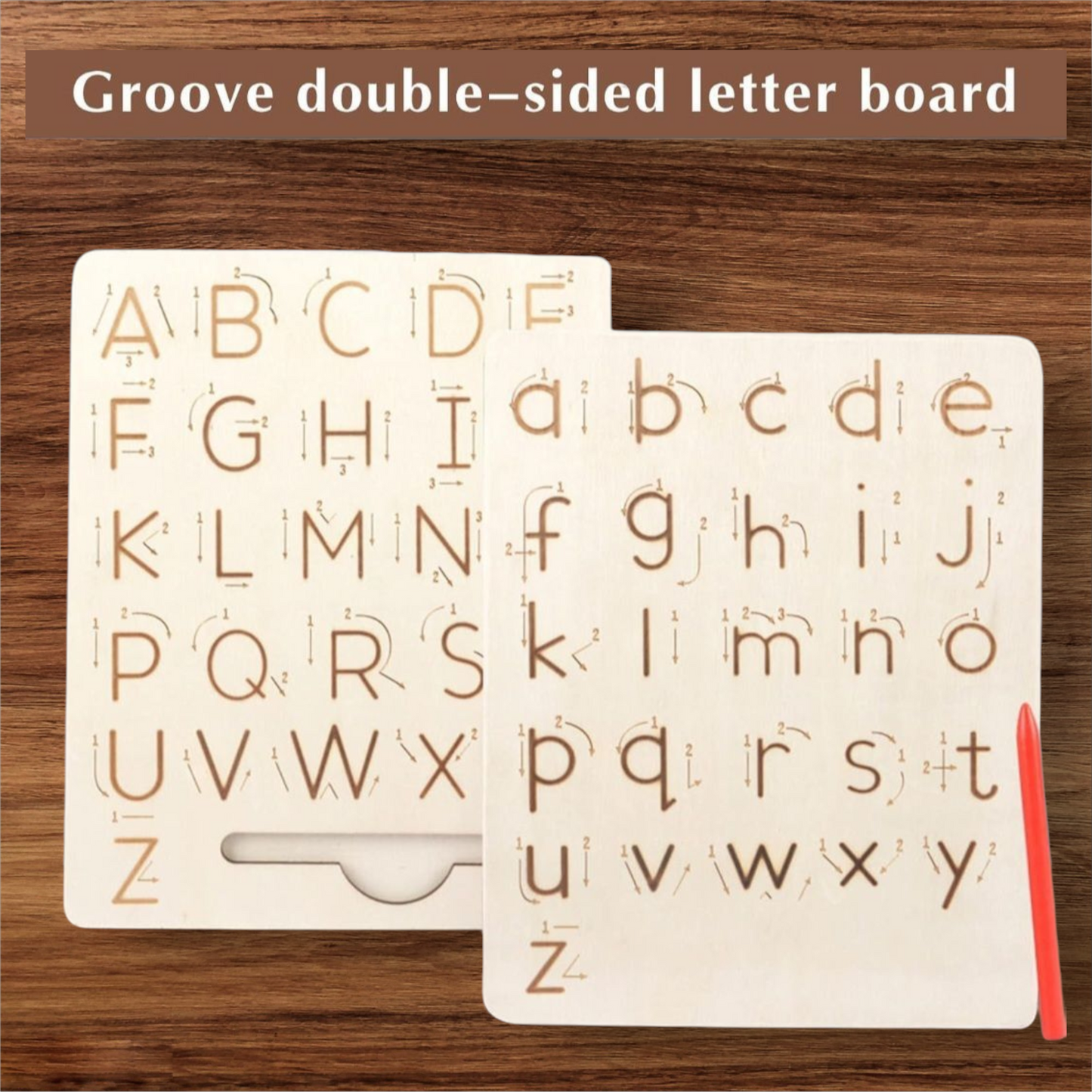 Wooden Tracing Board.- Double-Sided Montessori Handwriting Practice Upper/Lower Alphabet, Numbers, Shapes