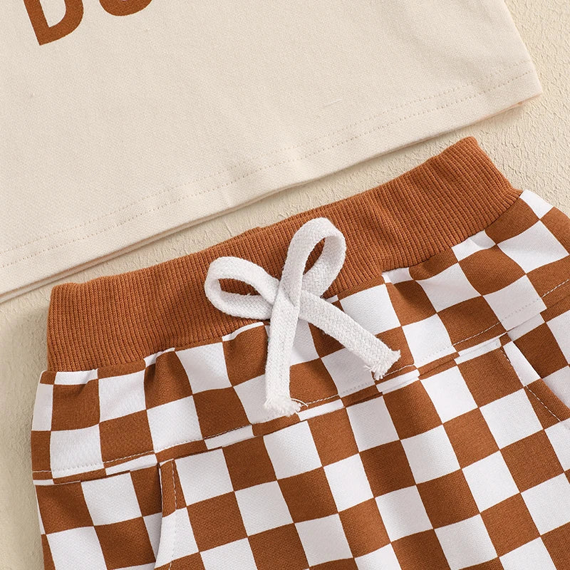 Baby Toddler Boys 2Pcs Dad's Little Dude Summer Outfit Letter Print Short Sleeve T-Shirt Top and Elastic Checkered Print Shorts Set