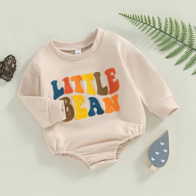 Baby Girls Boys Little Bean Bodysuit Long Sleeve Letter Embroidery Casual Playsuit Romper