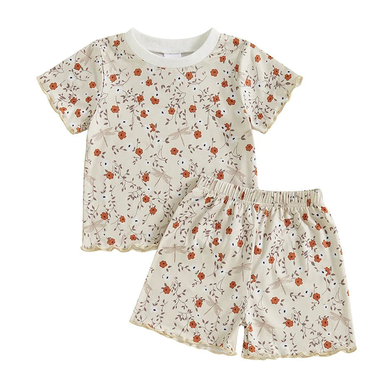 Baby Toddler Girls 2Pcs Set Floral Print Lettuce Trim Short Sleeve T-shirt Top Elastic Waist Shorts Summer Clothes Outfit