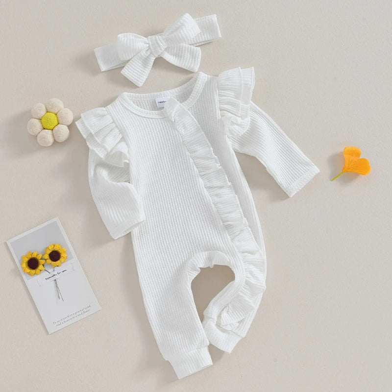 Baby Girl 2Pcs Clothes Ruffle Zipper Romper Long Sleeve Jumpsuit with Bow Headband