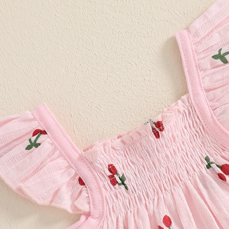 Baby Toddler Girl 2Pcs Shorts Set Cherry Print Fly Sleeve Babydoll Top Elastic Waist Ruffle Shorts Summer Outfit
