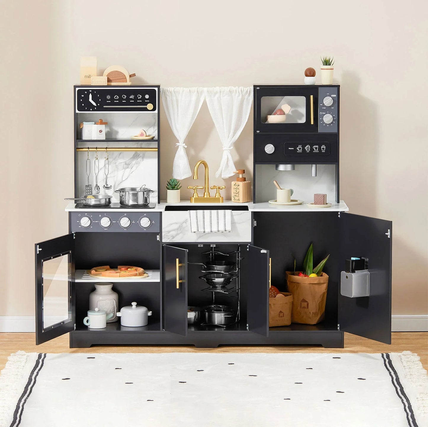 Tiny Land® Iconic Wooden Play Kitchen – Black Pretend Cooking Set for Kids
