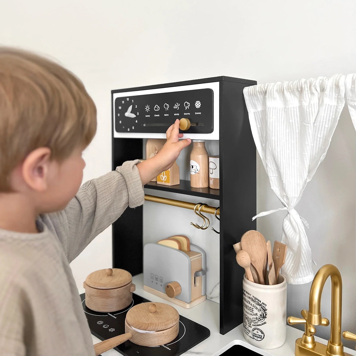 Tiny Land® Iconic Wooden Play Kitchen – Black Pretend Cooking Set for Kids