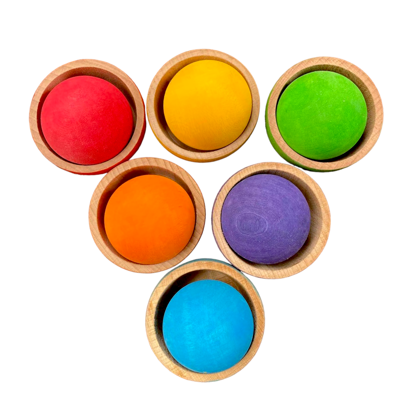 6 Stained Rainbow Wooden Bowls & Balls Set For Matching and Sorting