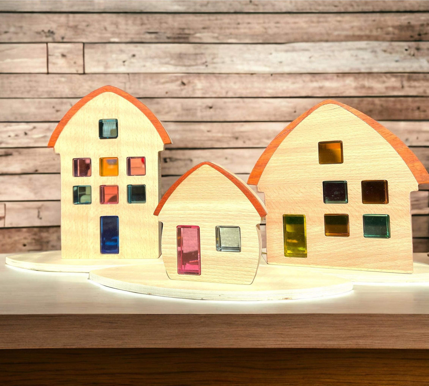 3 Pcs Wooden Window Houses with Darker Roofs
