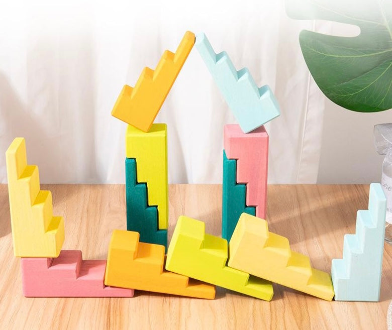 12 Pcs STAINED Stepped Roofs Building Blocks in Pastel/Macaron Colors