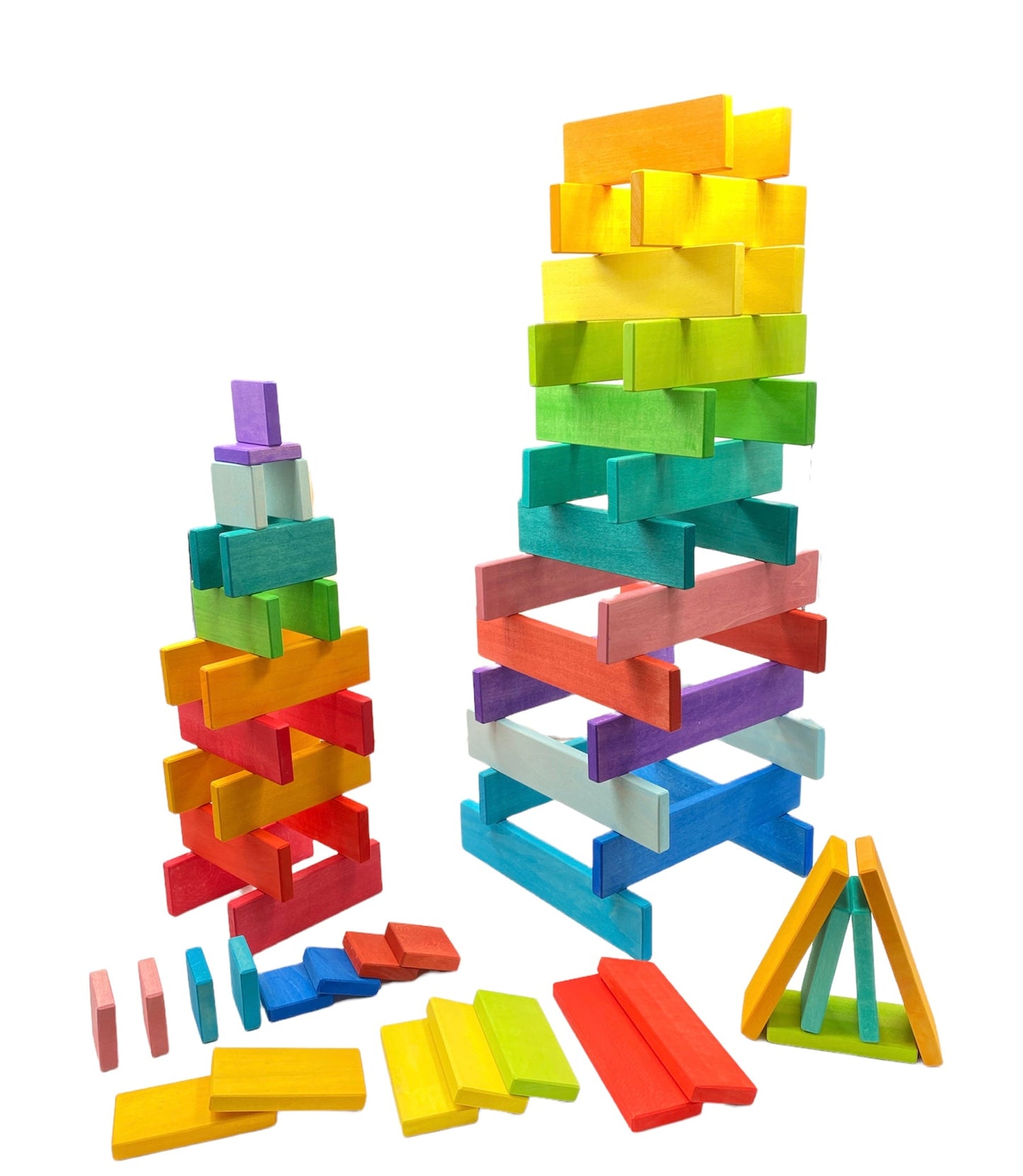 64 Pcs STAINED Large Wooden Rainbow Building Slats with Storage Tray