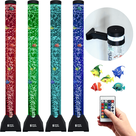 Aquarium Sensory Fish Bubble Light Tube with 16 LED Color Changing Nightlight Effect, Remote Control, and 5 Fishes, Colorful Floor Standing Lamp for Kids and Adults (4 feet)
