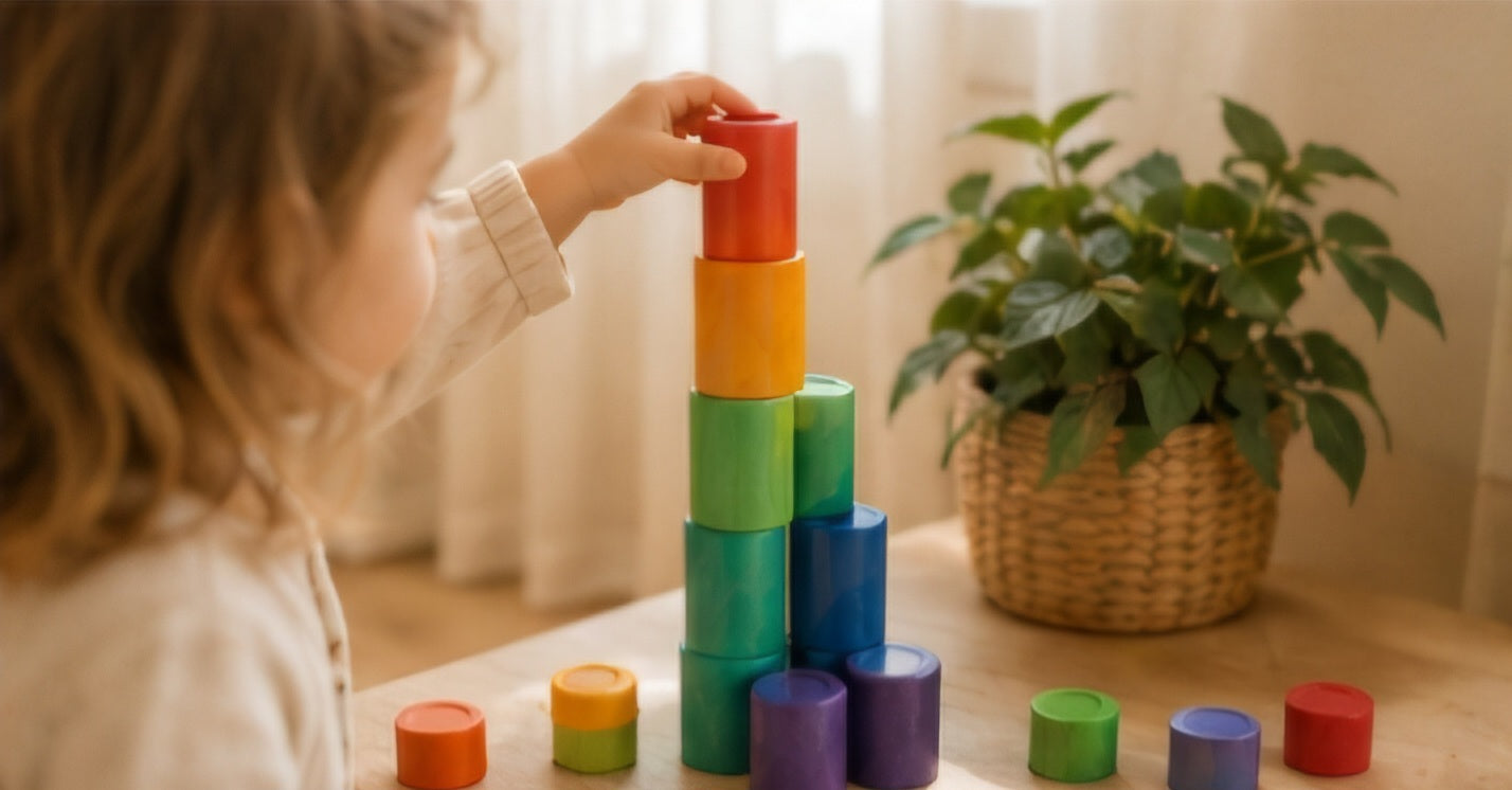 Rainbow Stacking Cylinders – 72pc Wooden Loose Parts Set
