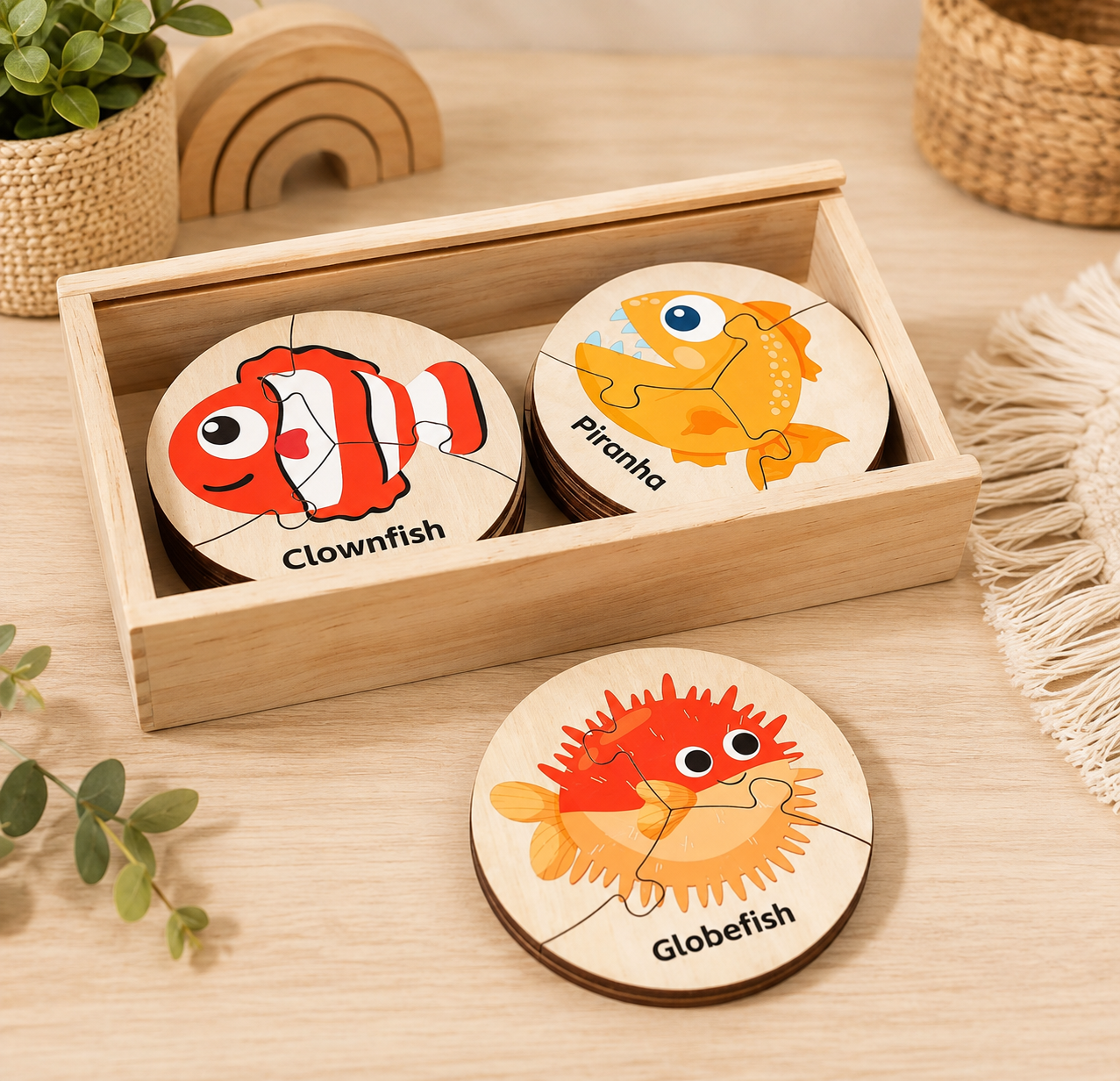 Wooden Ocean Animal Puzzle Set – 12 Sea Life Matching Puzzles