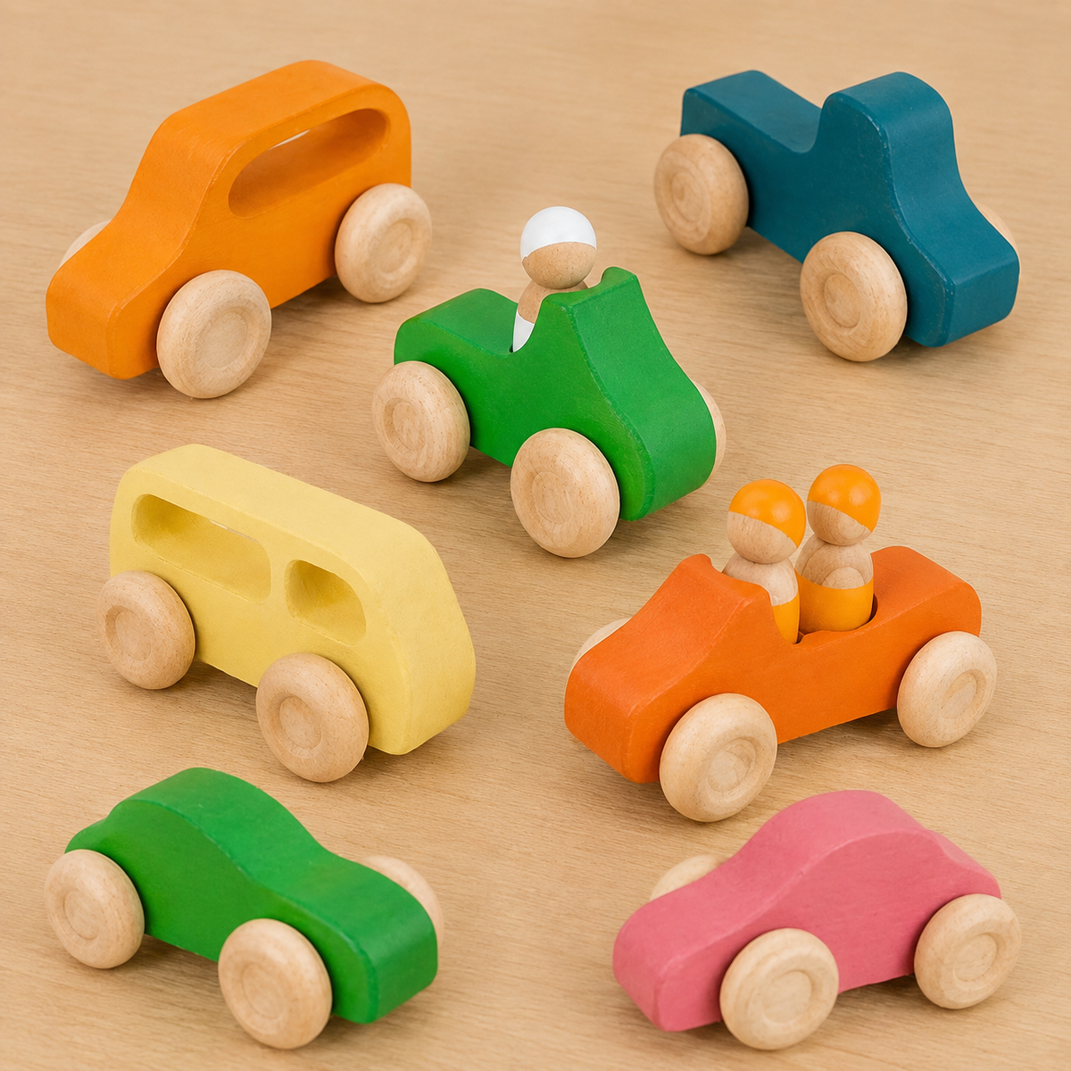 Rainbow Wooden Vehicle & Peg People Set – 10 Pieces