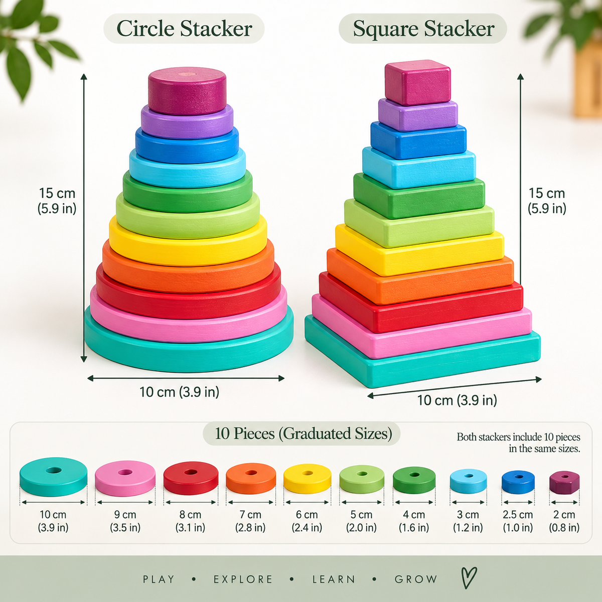 Rainbow Wooden Stacking Tower – Circle or Square
