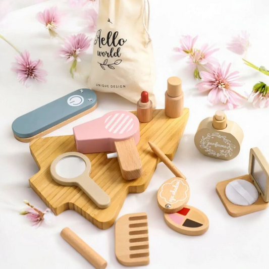 Natural Wooden Makeup Toy Set – 13-Piece Pretend Play Beauty Kit for Kids