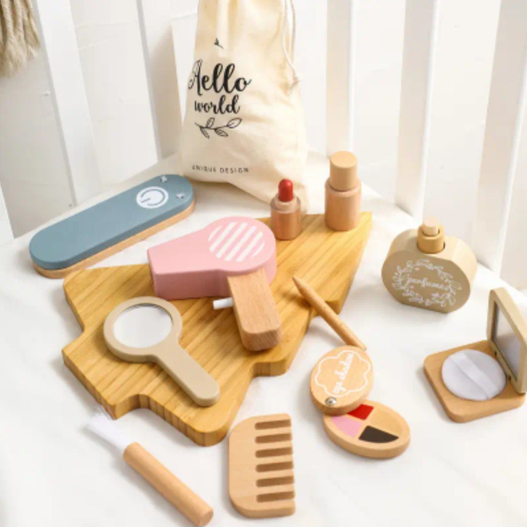 Natural Wooden Makeup Toy Set – 13-Piece Pretend Play Beauty Kit for Kids