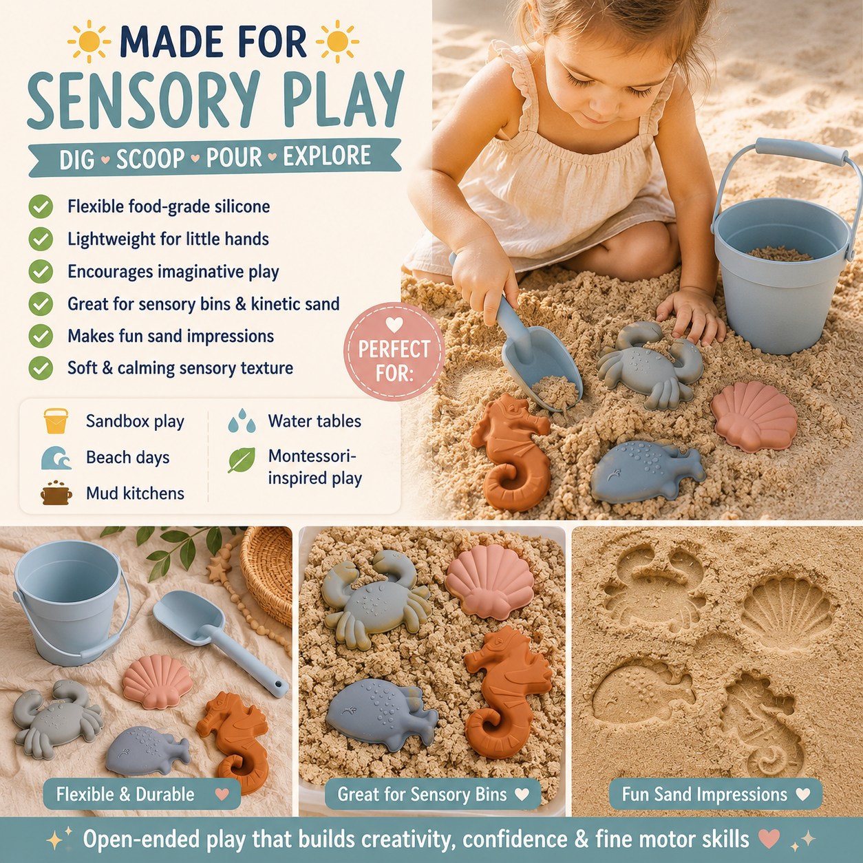 🌊 SILICONE BEACH & SENSORY PLAY SET 🌊

Soft, flexible & perfect for little hands ✨