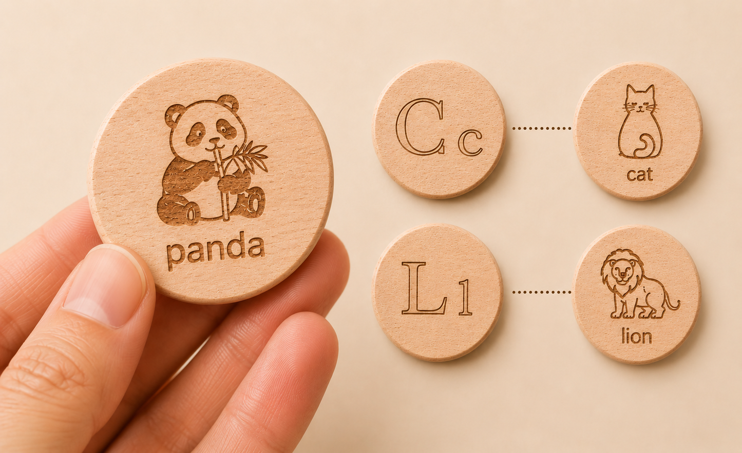 Wooden Alphabet & Picture Learning Coins — 26 Piece Set
