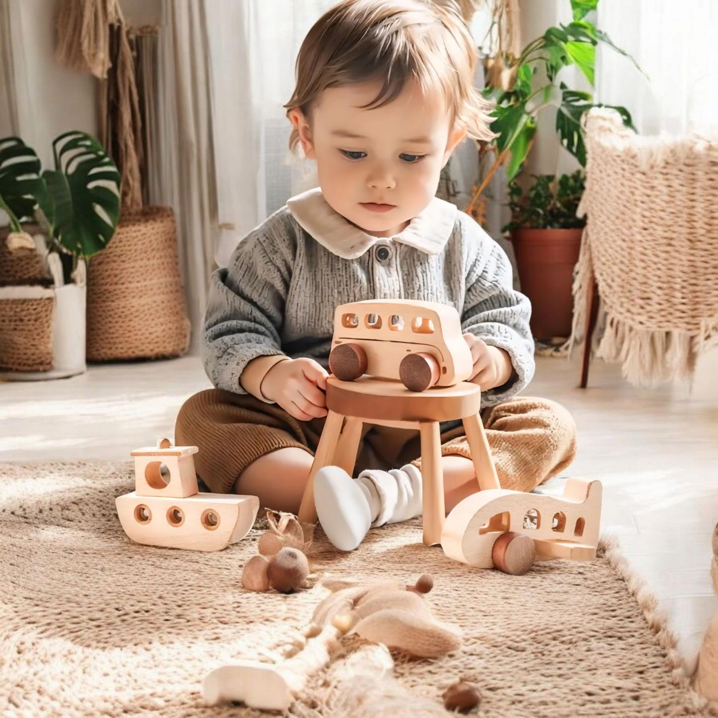 3-Piece Wooden Vehicle Toy Set – Car, Boat & Airplane