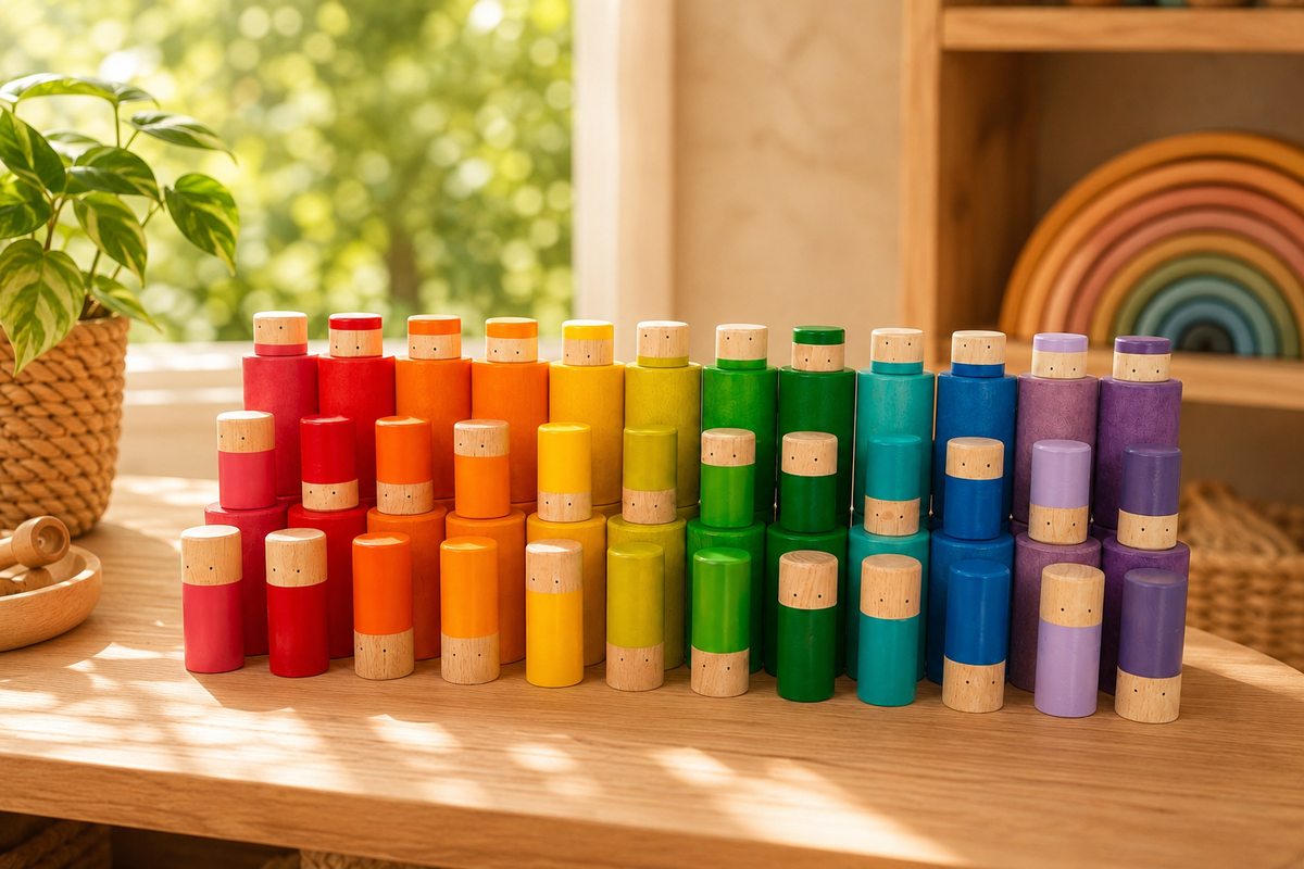 Rainbow Stacking Cylinders – 72pc Wooden Loose Parts Set