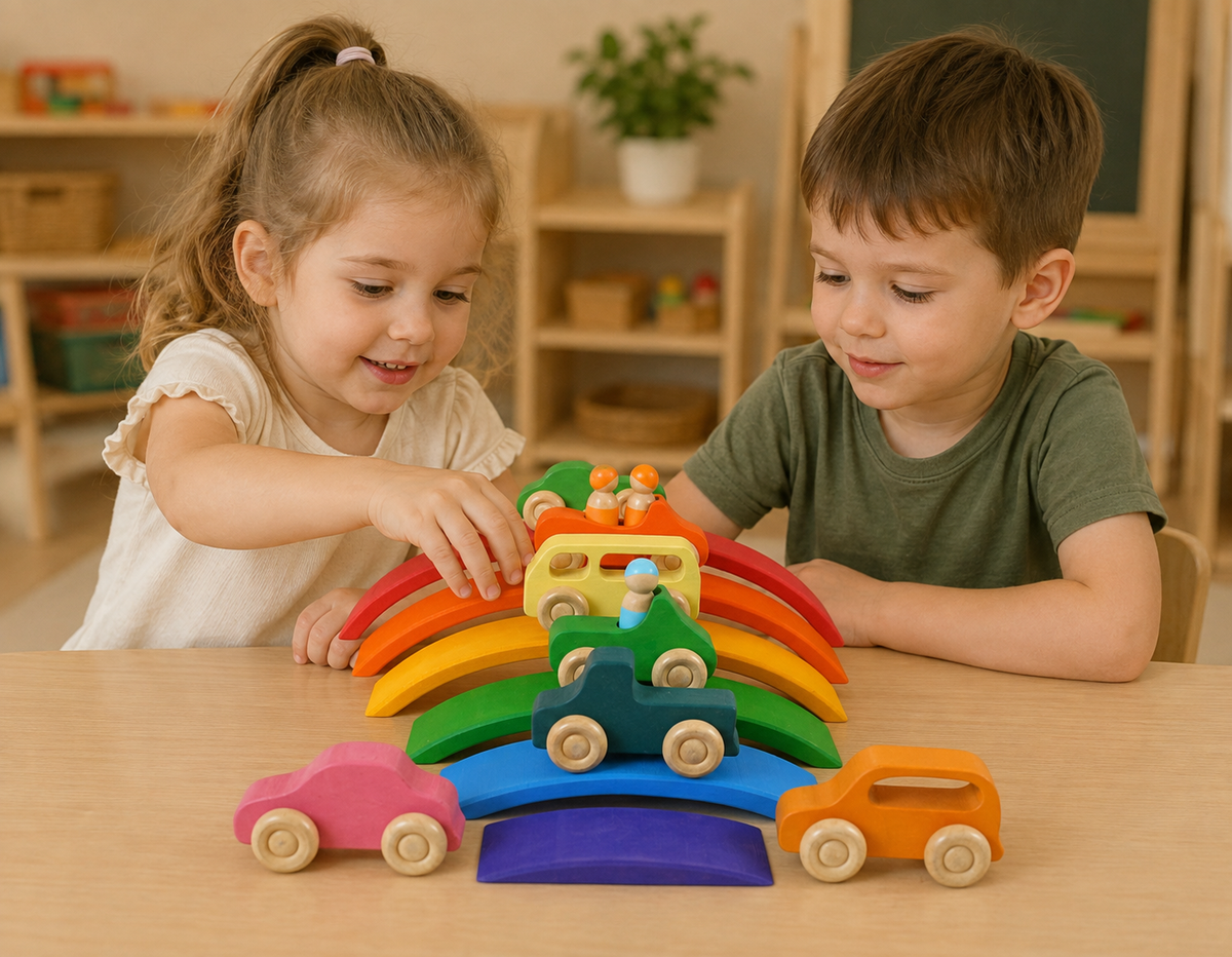 Rainbow Wooden Vehicle & Peg People Set – 10 Pieces