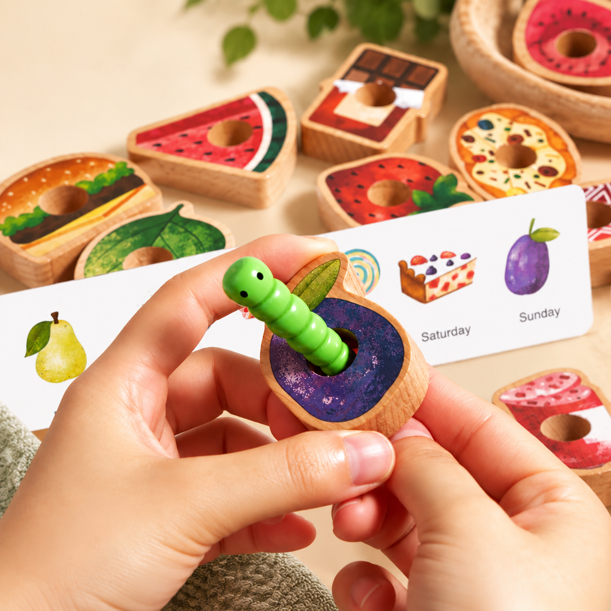 Greedy Caterpillar Wooden Lacing & Matching Game