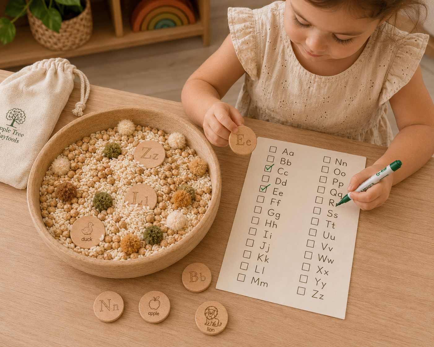 Wooden Alphabet & Picture Learning Coins — 26 Piece Set