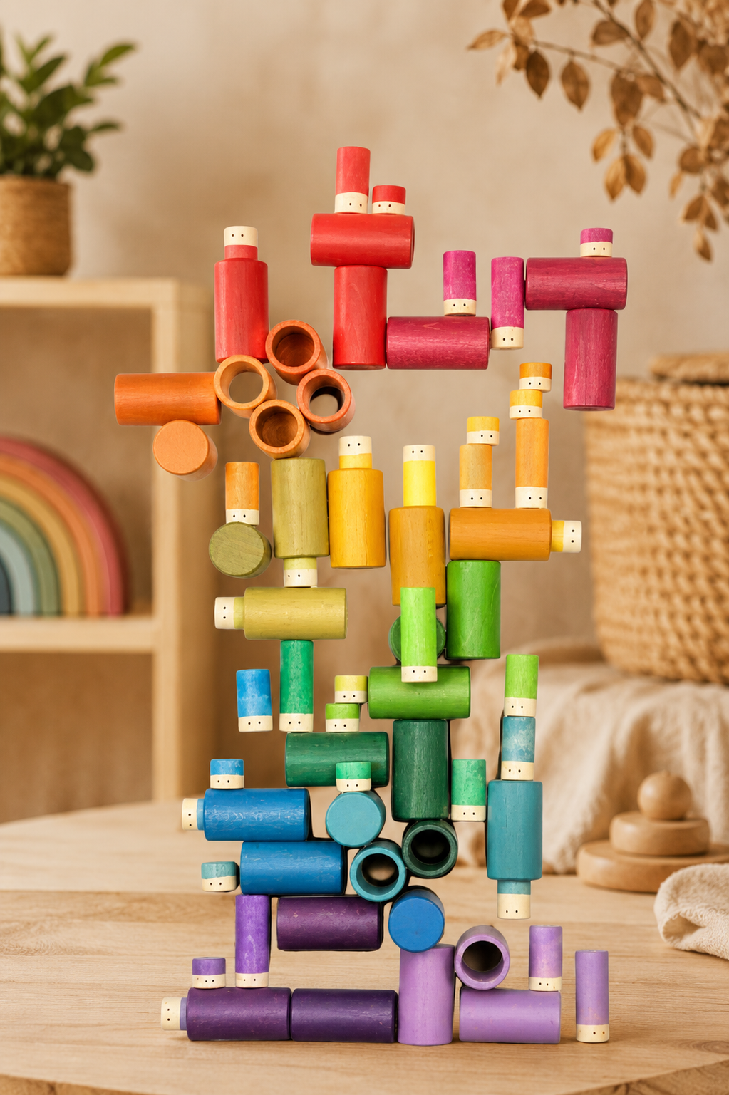 Rainbow Stacking Cylinders – 72pc Wooden Loose Parts Set