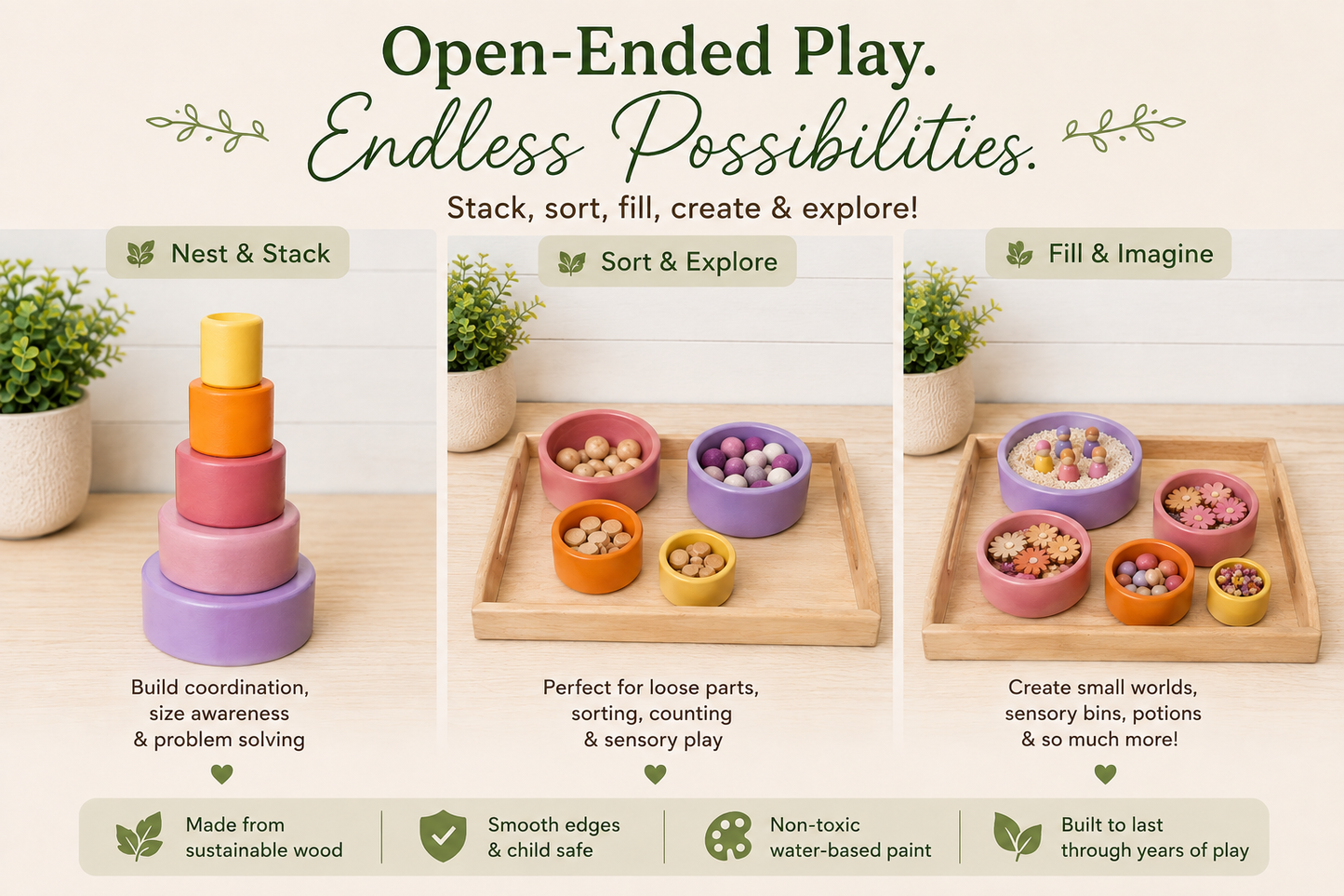Wooden Rainbow Nesting Bowls