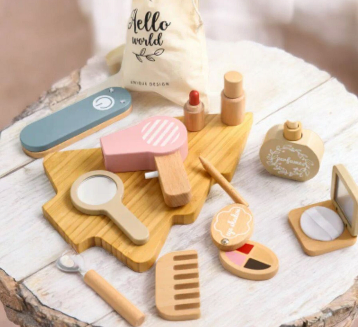Natural Wooden Makeup Toy Set – 13-Piece Pretend Play Beauty Kit for Kids