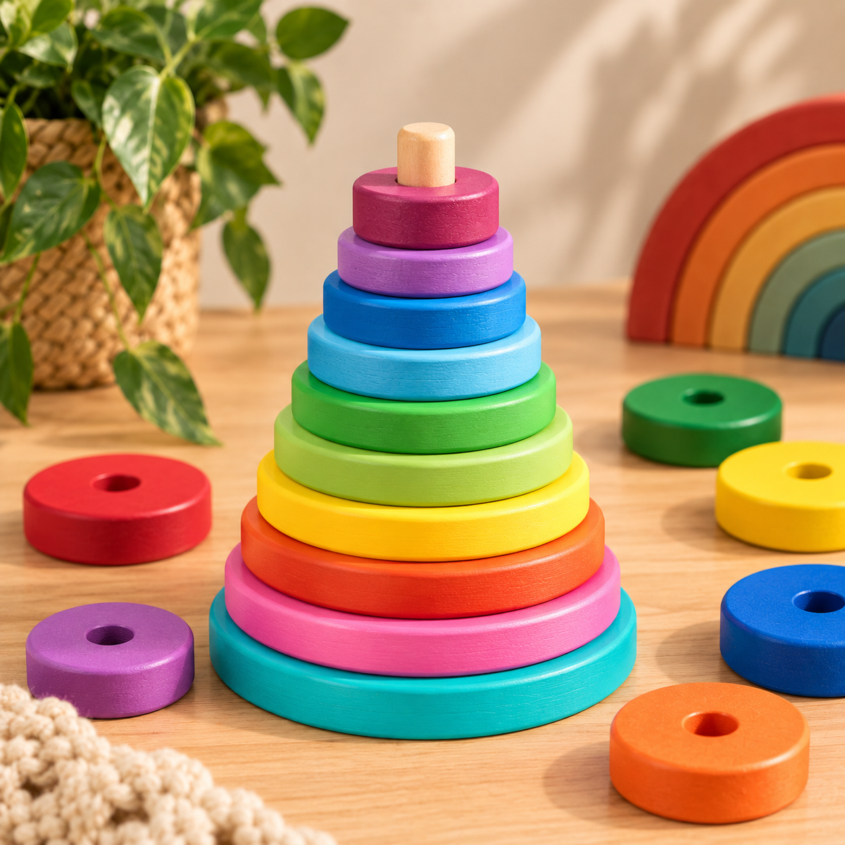 Rainbow Wooden Stacking Tower – Circle or Square