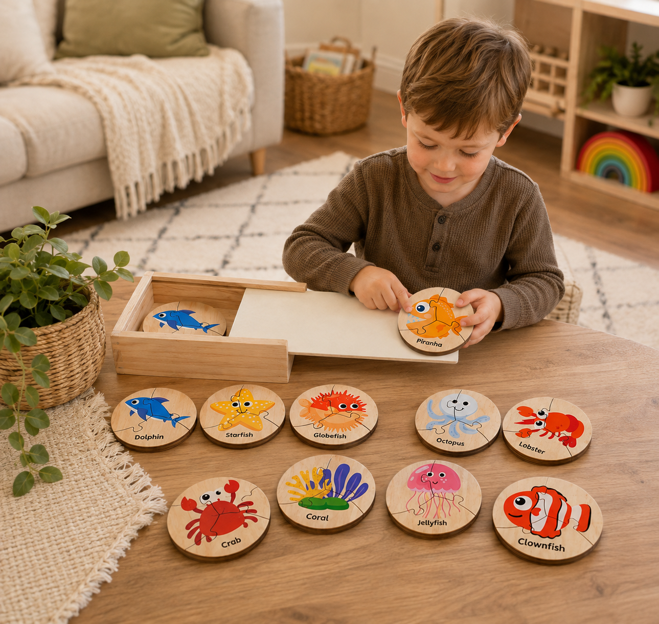 Wooden Ocean Animal Puzzle Set – 12 Sea Life Matching Puzzles