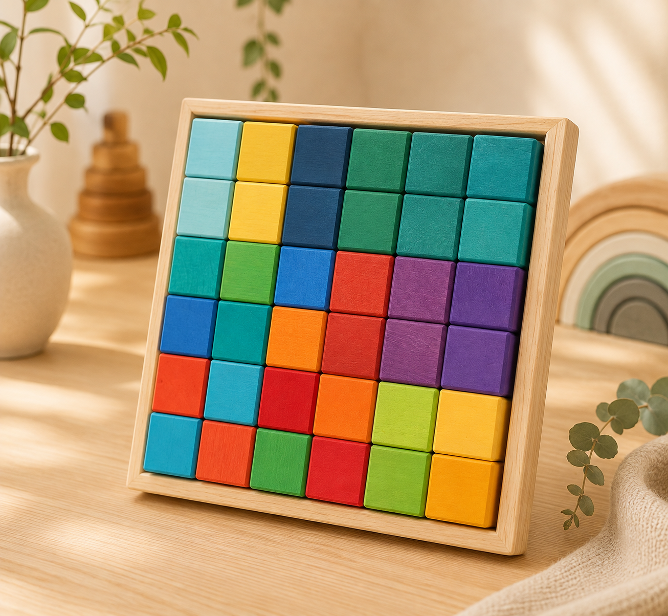 Rainbow Mosaic Building Blocks – 36 Pieces + Wooden Tray