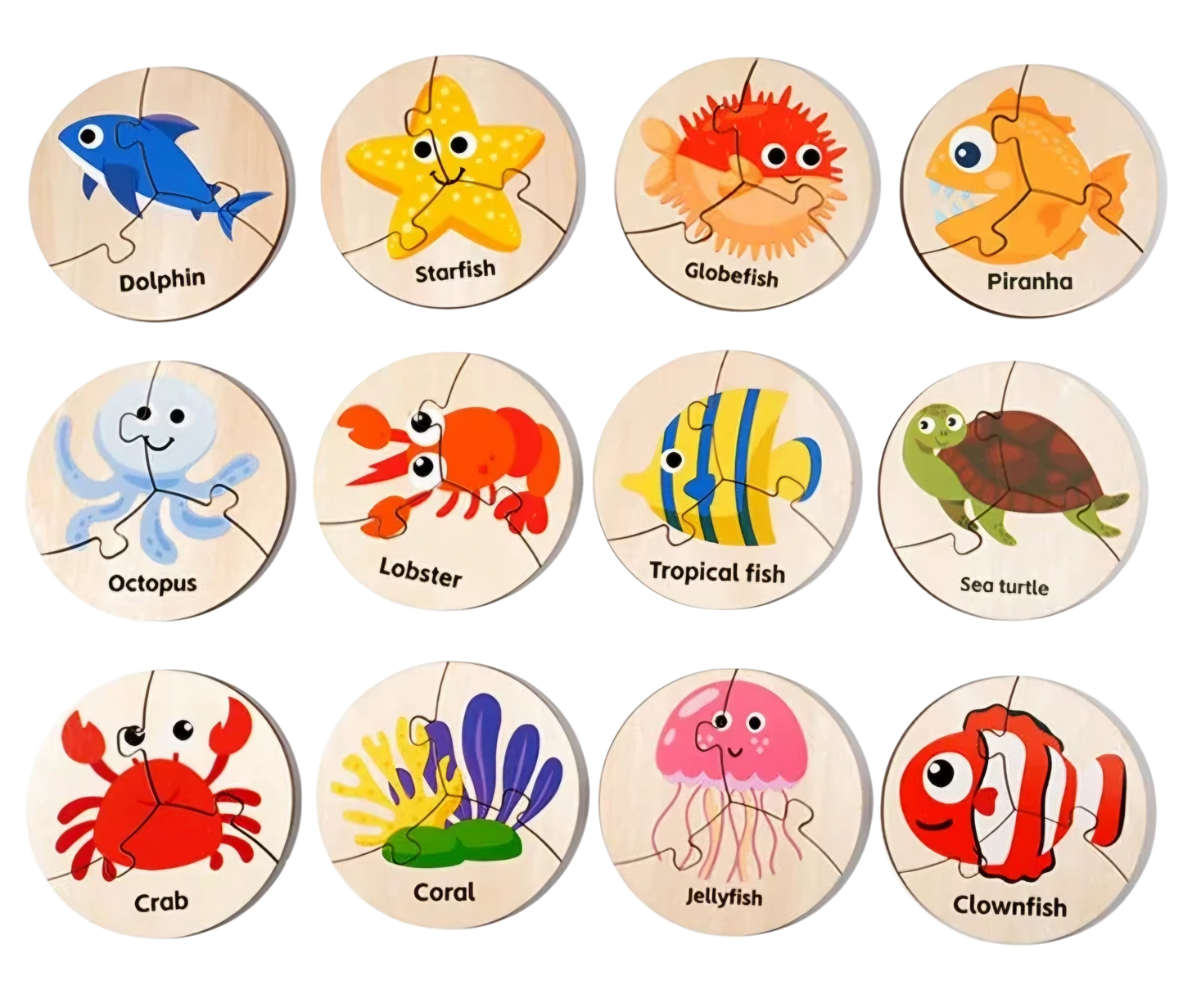 Wooden Ocean Animal Puzzle Set – 12 Sea Life Matching Puzzles