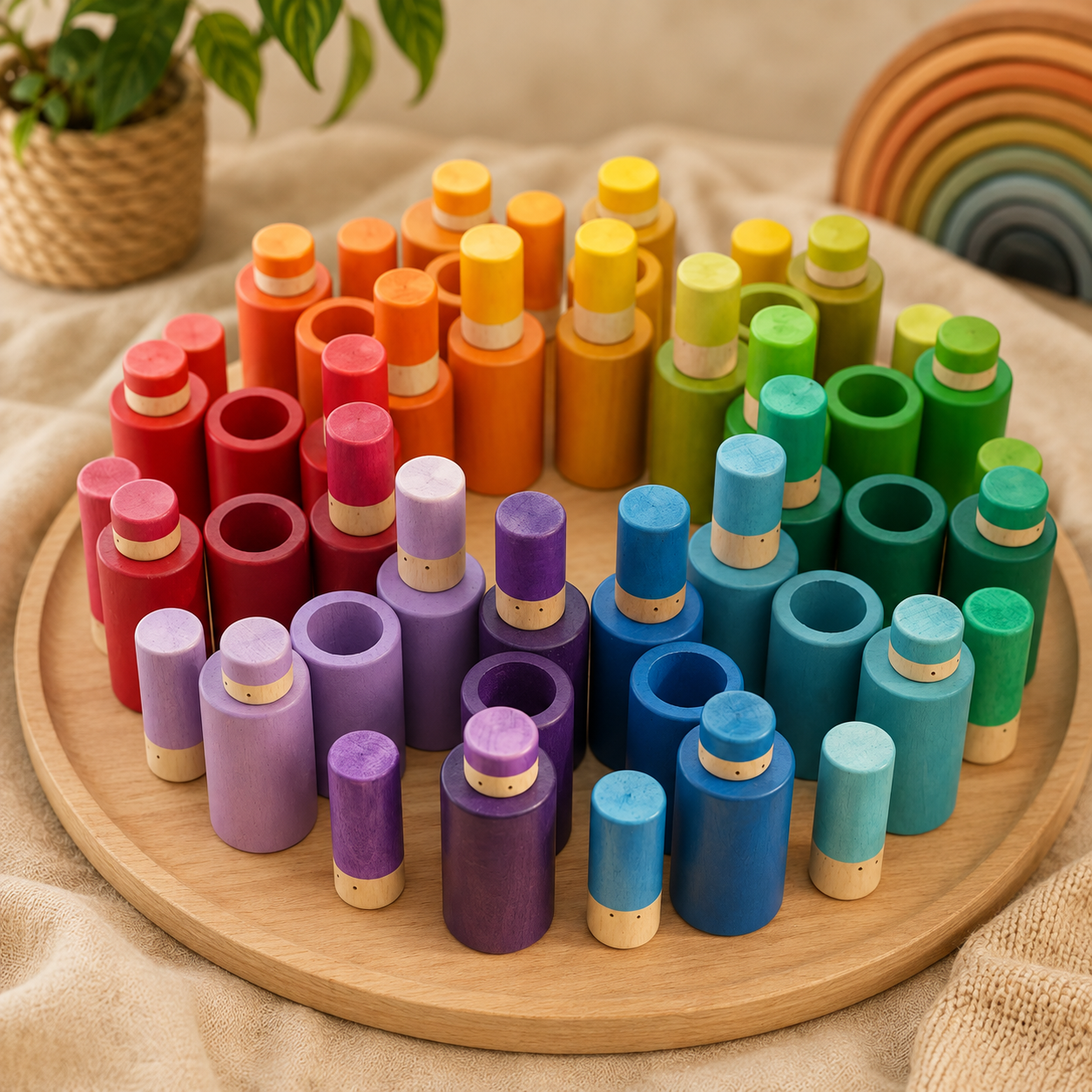 Rainbow Stacking Cylinders – 72pc Wooden Loose Parts Set
