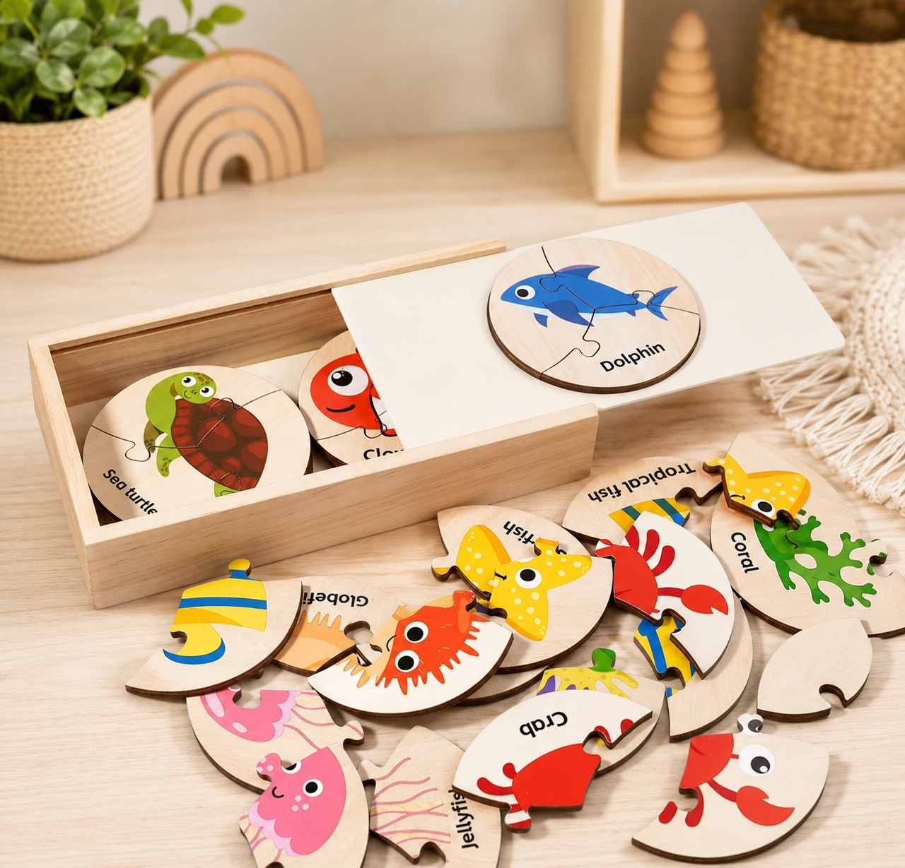Wooden Ocean Animal Puzzle Set – 12 Sea Life Matching Puzzles