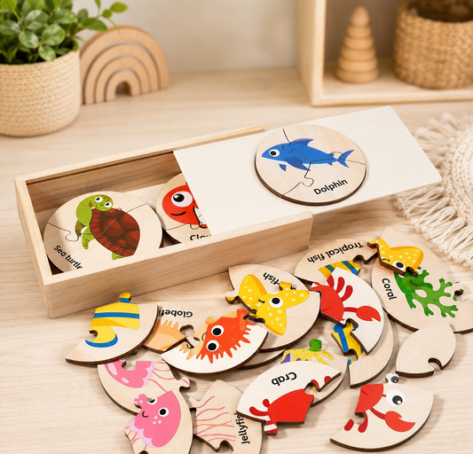Wooden Ocean Animal Puzzle Set – 12 Sea Life Matching Puzzles